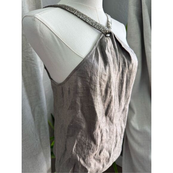 Vera Wang Lavender Label Silk Metallic Beaded Strap Taupe Blouse Top  Sz 6 Small - Picture 2 of 11